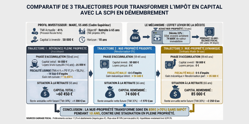 COMPARATIF DE 3 TRAJECTOIRES POUR TRANSFORMER L’IMPÔT EN CAPITAL AVEC LA SCPI EN DÉMEMBREMENT